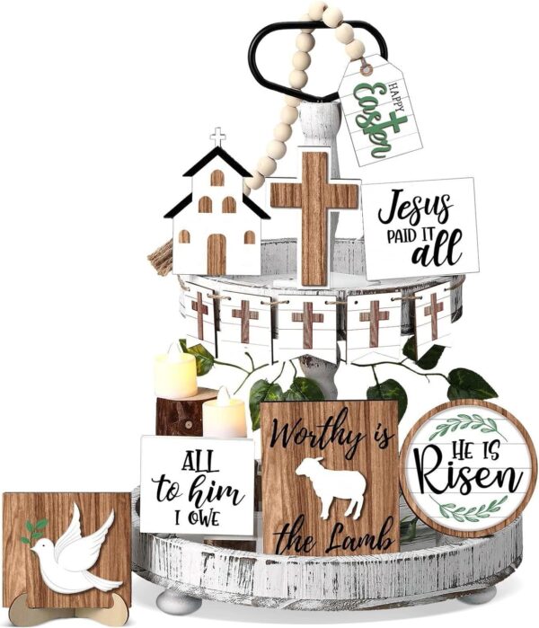 PANGHUBO 15 Pcs Easter Tier Tray Decoration Set Table Top Decor Farmhouse Wooden Block Signs Wooden Cross Ornament for Easter Home Kitchen Decor Small Decorative Items for Shelves (Transparent, One Size)- Brit Commerce - Image 7