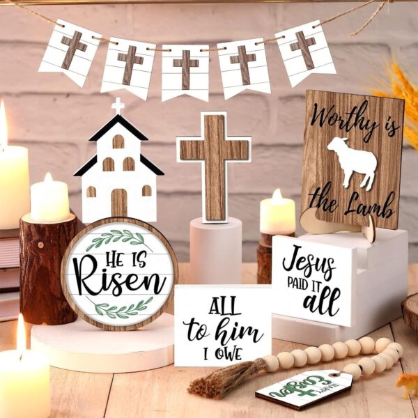 PANGHUBO 15 Pcs Easter Tier Tray Decoration Set Table Top Decor Farmhouse Wooden Block Signs Wooden Cross Ornament for Easter Home Kitchen Decor Small Decorative Items for Shelves (Transparent, One Size)- Brit Commerce - Image 4