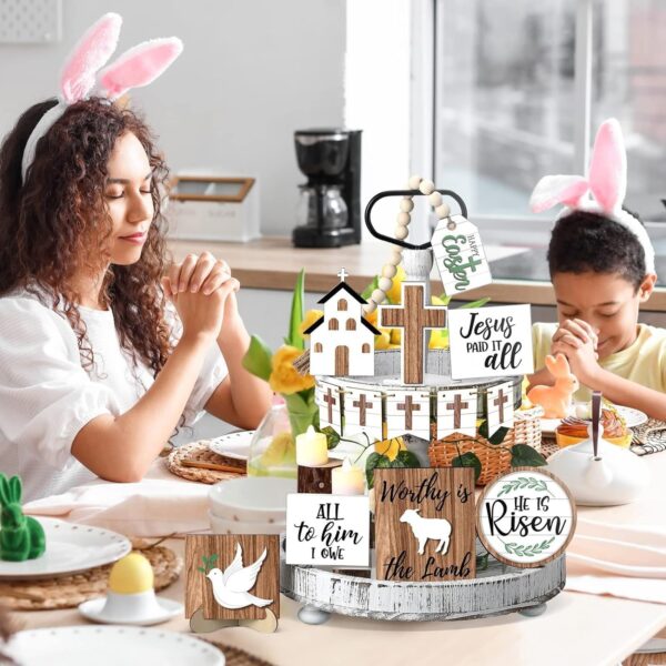 PANGHUBO 15 Pcs Easter Tier Tray Decoration Set Table Top Decor Farmhouse Wooden Block Signs Wooden Cross Ornament for Easter Home Kitchen Decor Small Decorative Items for Shelves (Transparent, One Size)- Brit Commerce - Image 2