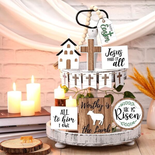 PANGHUBO 15 Pcs Easter Tier Tray Decoration Set Table Top Decor Farmhouse Wooden Block Signs Wooden Cross Ornament for Easter Home Kitchen Decor Small Decorative Items for Shelves (Transparent, One Size)- Brit Commerce - Image 3