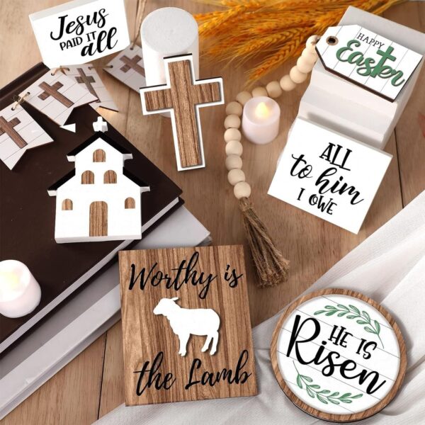 PANGHUBO 15 Pcs Easter Tier Tray Decoration Set Table Top Decor Farmhouse Wooden Block Signs Wooden Cross Ornament for Easter Home Kitchen Decor Small Decorative Items for Shelves (Transparent, One Size)- Brit Commerce - Image 5